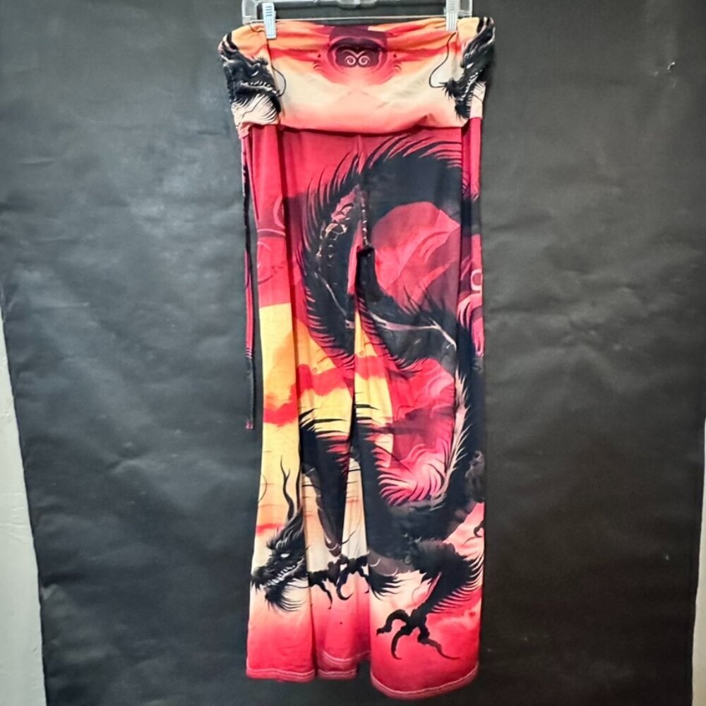 Red Sumi-E Dragon Wide Leg Size XL Watercolor Tie Dye Festival Tall Girl - Picture 2 of 8
